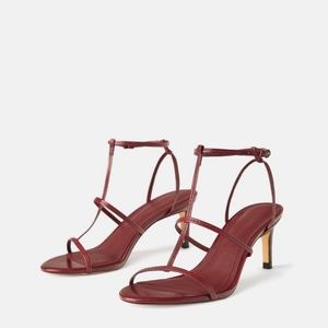 Zara Leather T Strappy Sandal Heels Burgundy